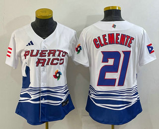 Women%27s Puerto Rico Baseball #21 Roberto Clemente 2023 White World Classic Stitched Jersey